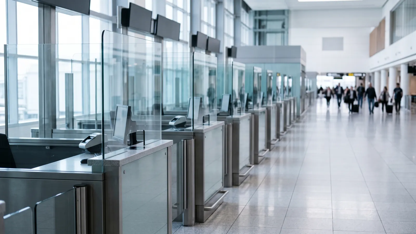 Empty passport control booths in a bright airport arrivals hall