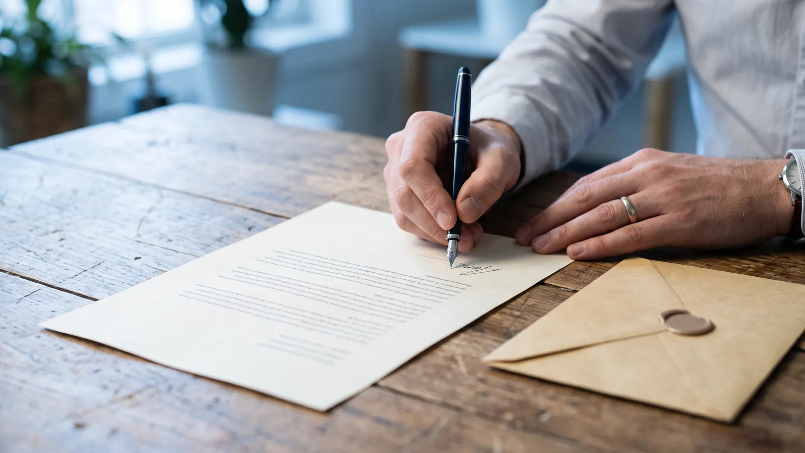 A hand signing a printed letter with a fountain pen