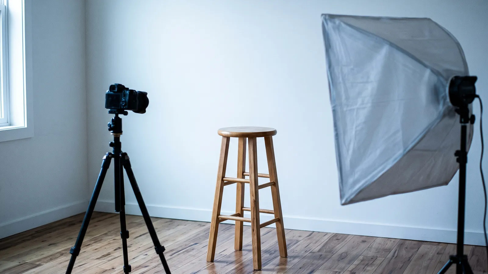 A home photo setup with a white wall, a softbox light and a camera on a tripod